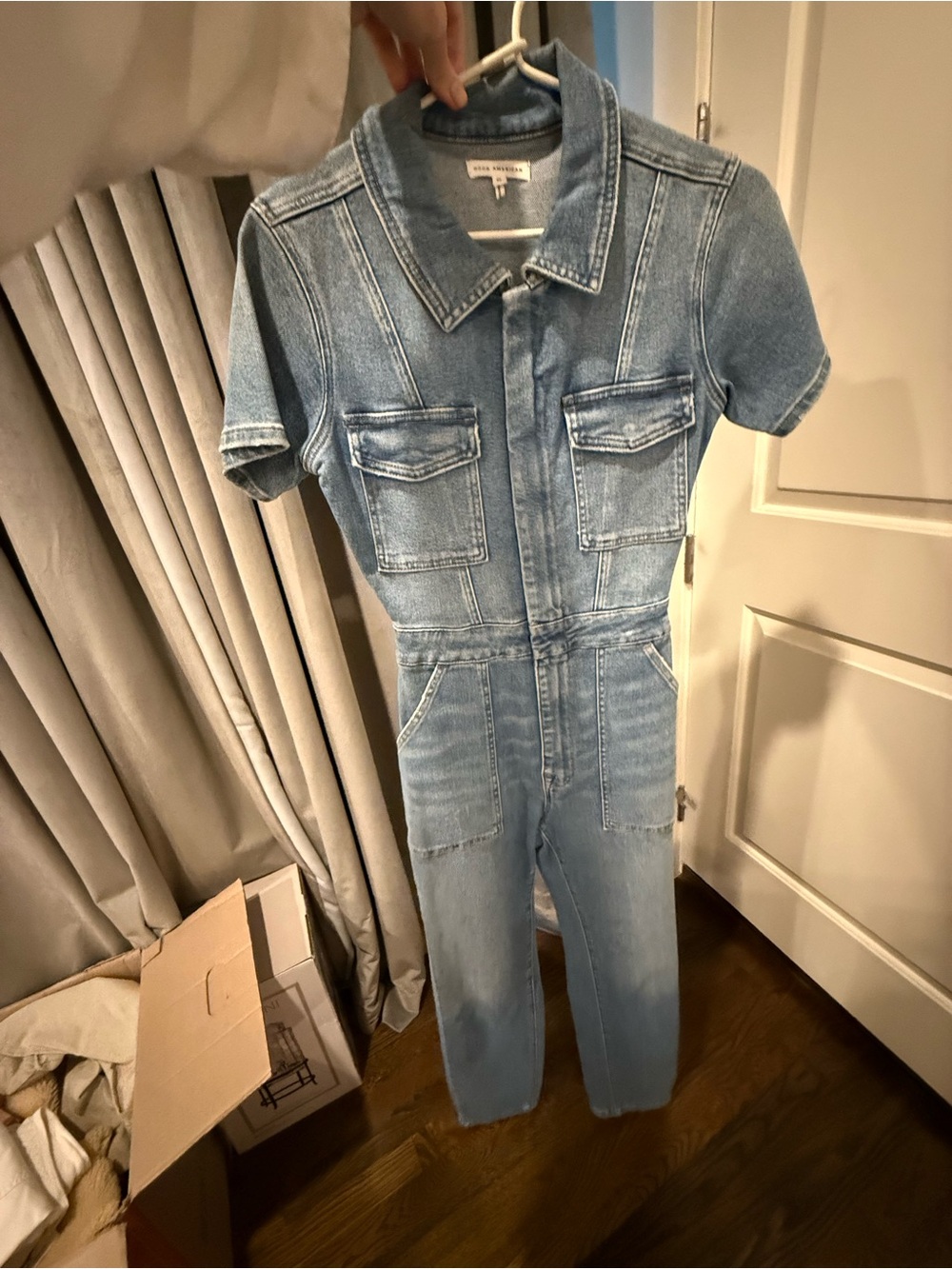 Good American Light Blue Denim Short Sleeve Jumpsuit